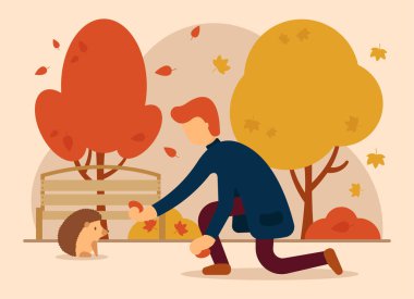 Vektör sonbahar konsepti. Sonbaharda, güzel bir parkta bir kirpiyi elleriyle besleyen bir adam. Sonbahar hayvanları. Web sayfası ve web pankartı için kullanılabilir.