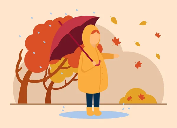 Vector Autumn Concept Girl Raincoat Umbrella Her Hands Standing Puddle — Stock Vector