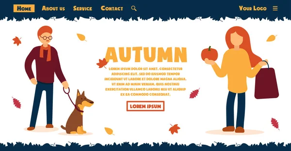 Vector Web Page Concept Fall Man Autumn Clothes Dog Woman — Stock Vector