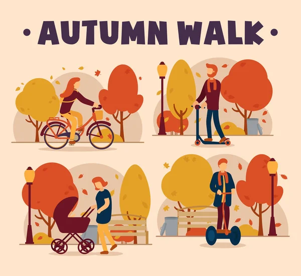 Vector Concept Autumn Walk Girl Rides Bicycle Man Rides Scooter — Stock Vector