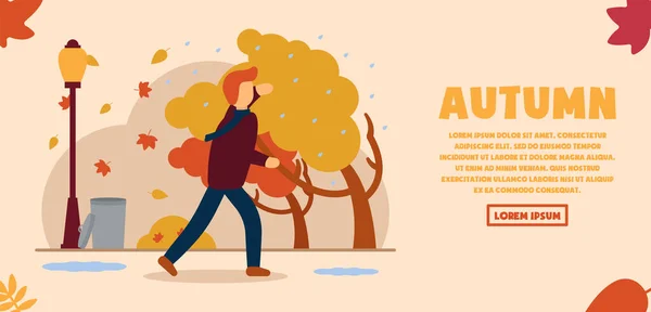 Vector Autumn Concept Man Autumn Clothes Walks Rain Strong Wind — Stock Vector