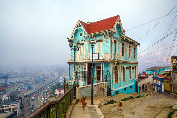 VALPARAISO, CHILE - May 15, 2016: Colourful street art decorating houses in the UNESCO World Heritage port city of Valparaiso in Chile.