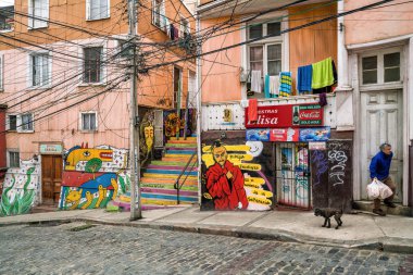 Valparaiso, Şili - 16 Mayıs 2016: renkli sokak sanatı Valparaiso Unesco Dünya Mirası bağlantı noktası şehir Şili'deki evlerinde dekorasyon.