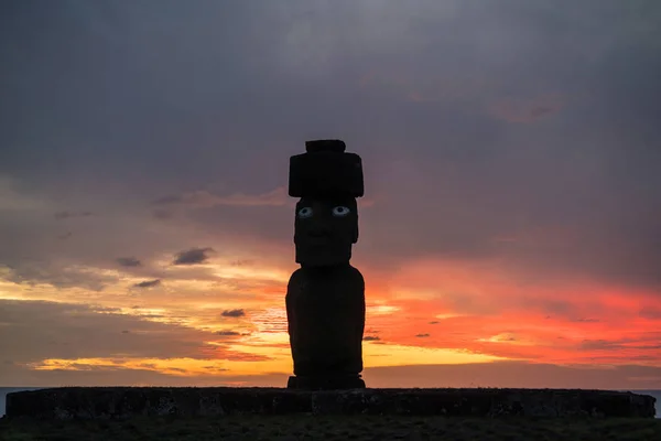 Shot Van Het Standbeeld Van Moai Paaseiland Chili Bij Zonsondergang — Stockfoto