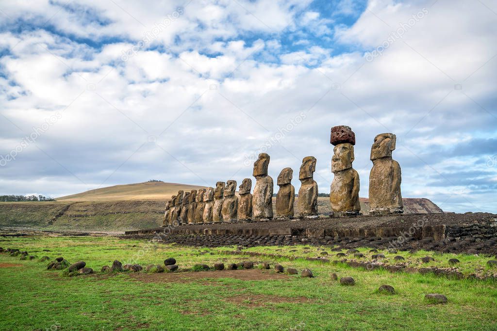 Moais at Ahu Tongariki in Easter island, Chile