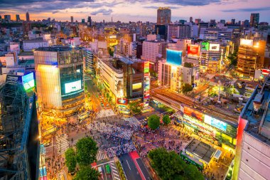 Shibuya Tokyo, Japonya 'da alacakaranlıkta tepeden bakıyor.