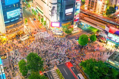 Shibuya Tokyo, Japonya 'da alacakaranlıkta tepeden bakıyor.