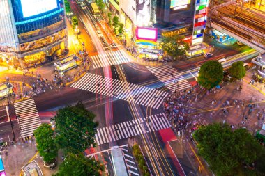 Shibuya Tokyo, Japonya 'da alacakaranlıkta tepeden bakıyor.