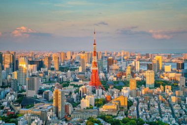 Japonya 'da alacakaranlıkta Tokyo Kulesi ile Tokyo silueti