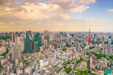 Japonya 'da alacakaranlıkta Tokyo Kulesi ile Tokyo silueti