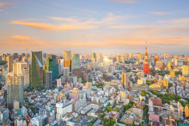 Japonya 'da alacakaranlıkta Tokyo Kulesi ile Tokyo silueti