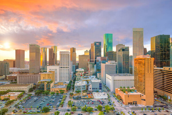 Downtown Houston skyline in Texas USA at twilight