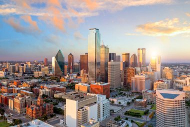 Dallas, Texas cityscape with blue sky at sunset, Texas clipart