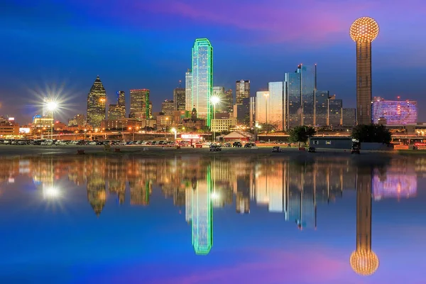 Dallas Panorama Odráží Řece Trinity Při Západu Slunce Texas — Stock fotografie