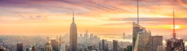 Manhattan 'ın Panorama' sı Gün batımında Skyline, New York