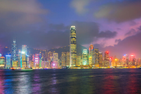 Hong Kong city skyline in China panorama from across Victoria Harbor.
