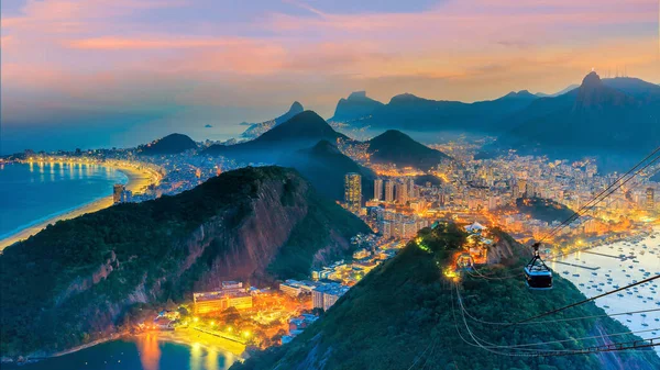 Widok Nocny Plaży Copacabana Urca Botafogo Sugar Loaf Rio Janeiro — Zdjęcie stockowe