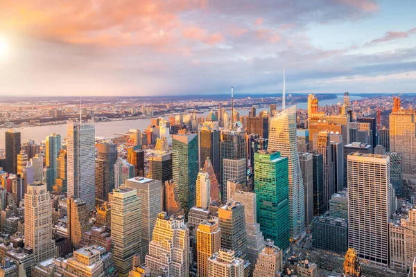 Veduta Aerea Dello Skyline Manhattan Tramonto New York City Negli — Foto Stock