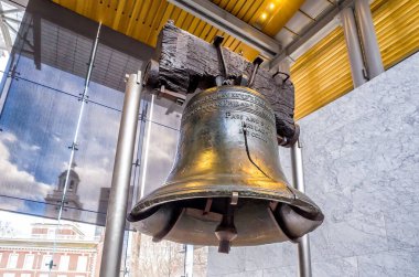 Liberty Bell (267 years old) was made in 1751, symbol of American freedom in Independence Mall building in Philadelphia, Pennsylvania USA clipart