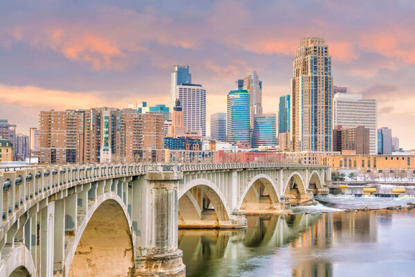 Minneapolis downtown skyline in Minnesota, USA at sunset