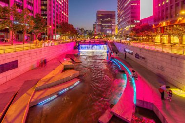 Cheonggyecheon, a modern public recreation space in downtown Seoul, South Korea at night