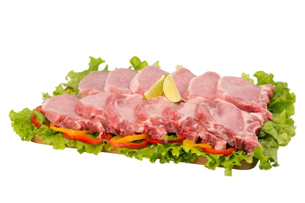 Raw Pork Chop Cutting Board White Background — Stock Photo, Image