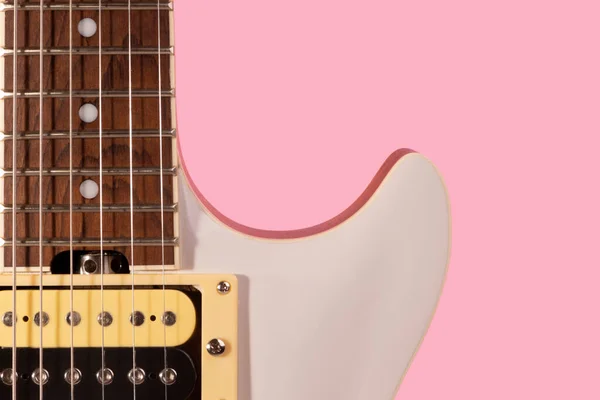 Front Part Body White Electric Guitar Pink Background — Stock Photo, Image