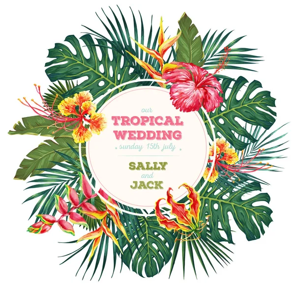 Hochzeitseinladung Trendy Tropischen Blättern Und Blüten Design Botanische Vektorillustration — Stockvektor