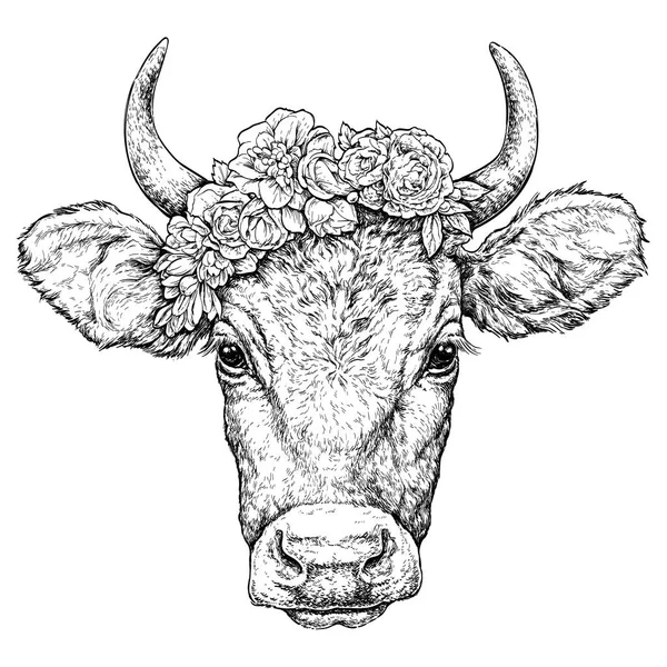 Χέρι Που Πορτρέτο Του Χαριτωμένο Αγελάδα Ένα Στεφάνι Στο Κεφάλι — Διανυσματικό Αρχείο