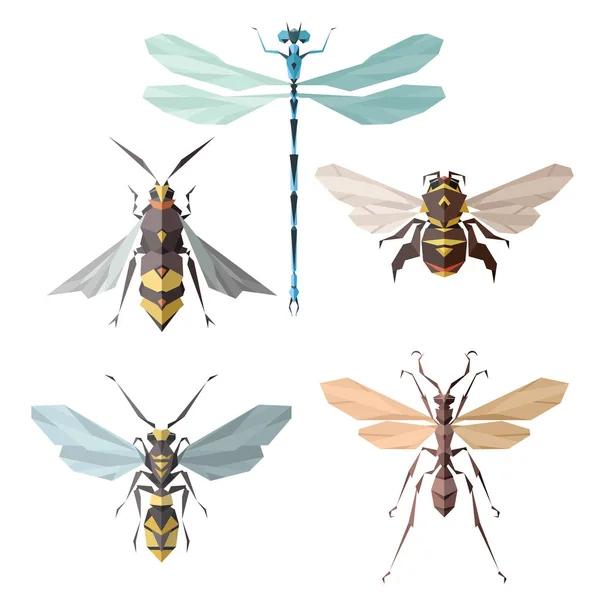 Insektensymbole Vektorsatz Abstrakter Dreieckiger Stil Biene Hummel Libelle Wespe — Stockvektor