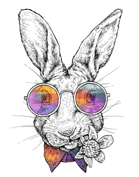 Handgezeichnetes Porträt Eines Lustigen Hasen Hipster Stil Mit Brille Vektorabbildung — Stockvektor
