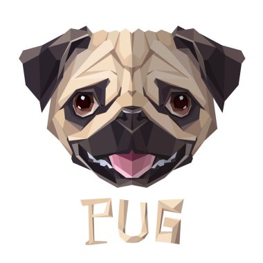 Komik köpek düşük poli dizayn pug. Üçgen vektör çizim.