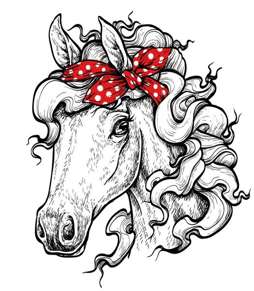馬の頭 馬の身に着けているバンダナ 手描き肖像画 ベクトル図 — ストックベクタ