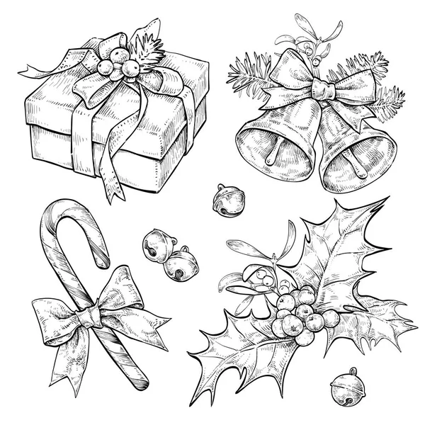 Vánoce Nový Rok Prvků Set Ručně Kreslené Ilustrace Izolované Bílém — Stockový vektor