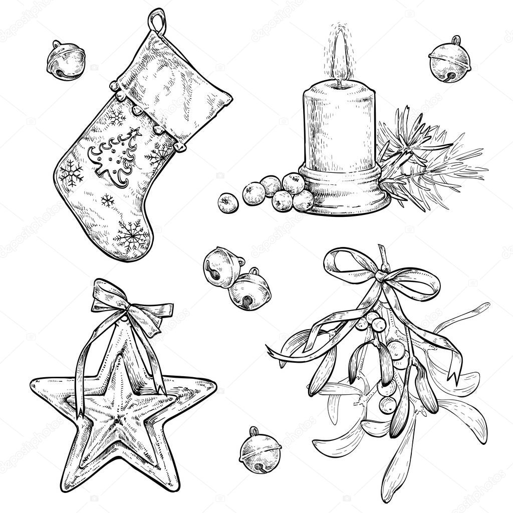 Christmas, New Year elements set. Hand drawn illustration isolated on white background. Gift box, bells, candy cane, mistletoe branch