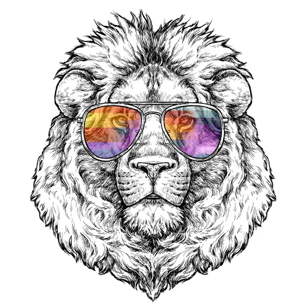 Retrato Desenhado Mão Leão Óculos Ilustração Vetorial Isolada Sobre Branco —  Vetores de Stock