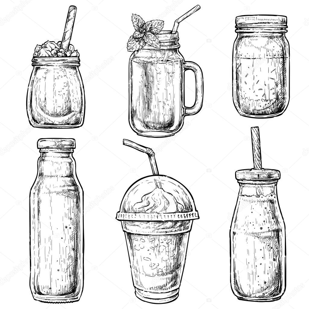 Hand drawn bottles and containers for smoothies. Fresh beverage for healthy life, diets. Vector illustration for greeting cards, magazine, cafe and restaurant menu