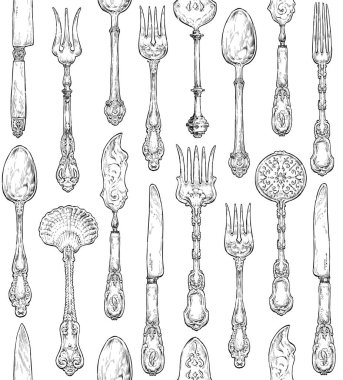 Kusursuz gümüş çatal bıçak kalıbı. El çizimi klasik tasvirler. Çatal, bıçak ve kaşık süslensin