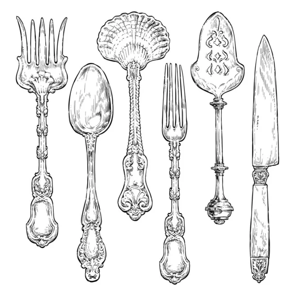 Hand Drawn Vintage Silverware Cutlery Fork Knife Spoon Ornate — Stock Vector