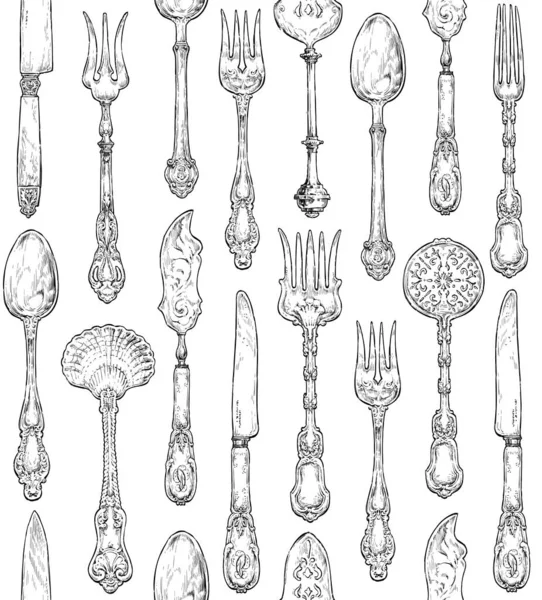 Bezešvé Příbory Vzor Ručně Kreslené Vinobraní Styl Ilustrace Vidlička Nůž — Stockový vektor