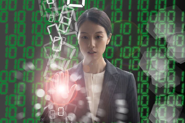 Composite photo of a woman seeking the right answer in a digital virtual space