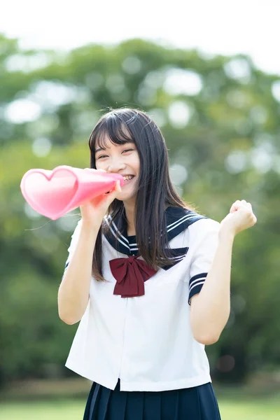 Asian High School Girl Cheering Heart Shaped Megaphone — Stock Photo, Image