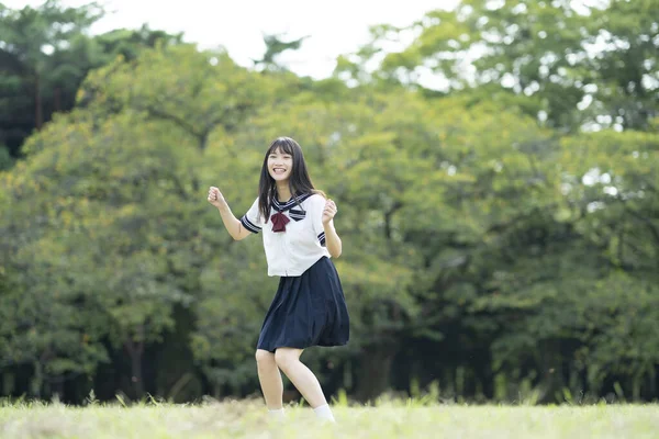 Asian Female High School Student Frolicking Smile Park — Stock Photo, Image