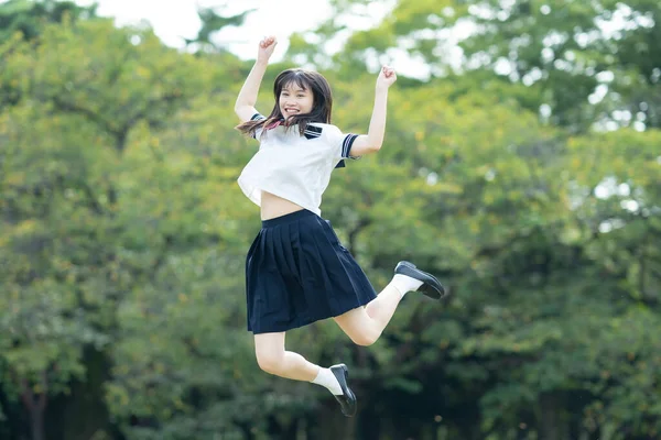 Asian Female High School Student Frolicking Smile Park — Stock Photo, Image