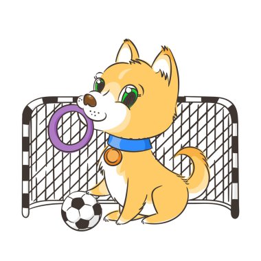 Bir futbol topu, kart veya yazdırma kavramı ile şirin köpek yavrusu.