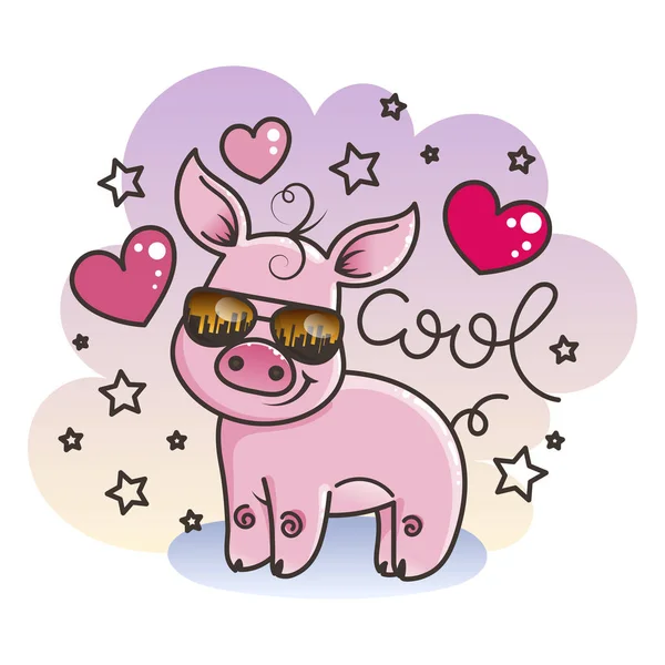 Lindo cerdo bebé de dibujos animados en unas gafas de sol frescas — Vector de stock