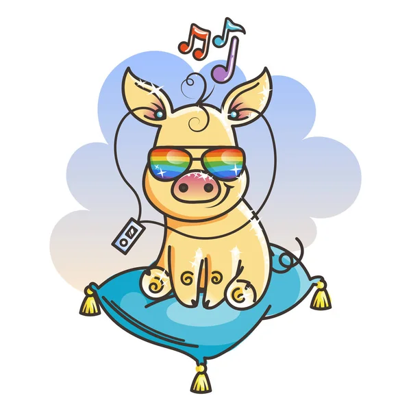Lindo dibujo animado dorado bebé cerdo en un fresco arco iris gafas — Vector de stock