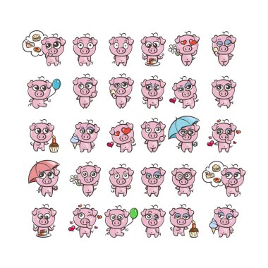 Şirin domuz karakter simgesi ile farklı duygular seti topluluğu. Vektör çizim yeni 2019 yılı için.