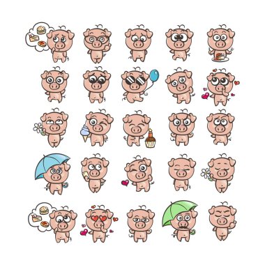 Şirin domuz karakter simgesi ile farklı duygular seti topluluğu. Vektör çizim yeni 2019 yılı için.