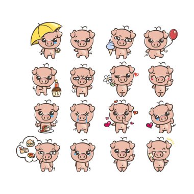 Şirin domuz karakter simgesi ile farklı duygular seti topluluğu. Vektör çizim yeni 2019 yılı için.